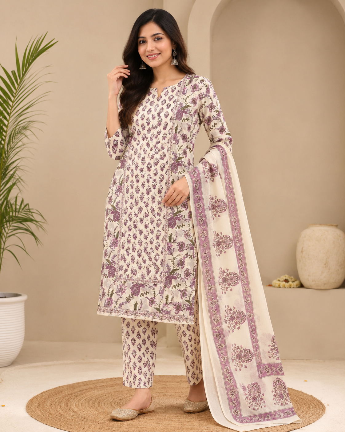 Orchid Breeze: Purple Floral Pure Cotton Kurti Set