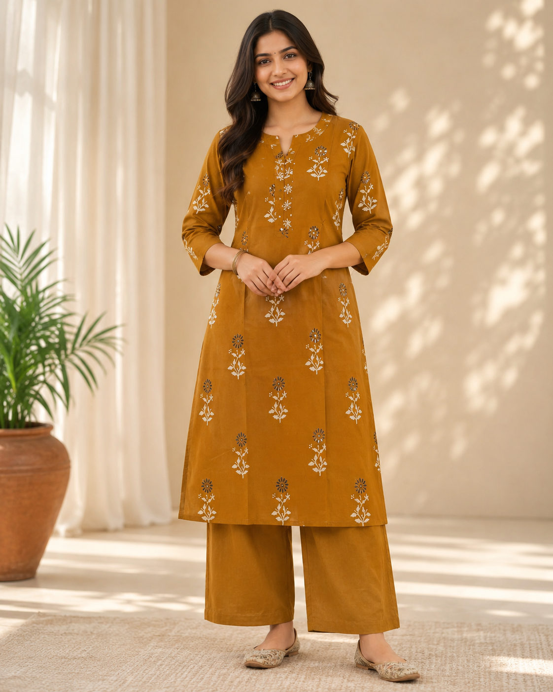Mustard Mist: Golden Petals Pure Cotton Kurti Set