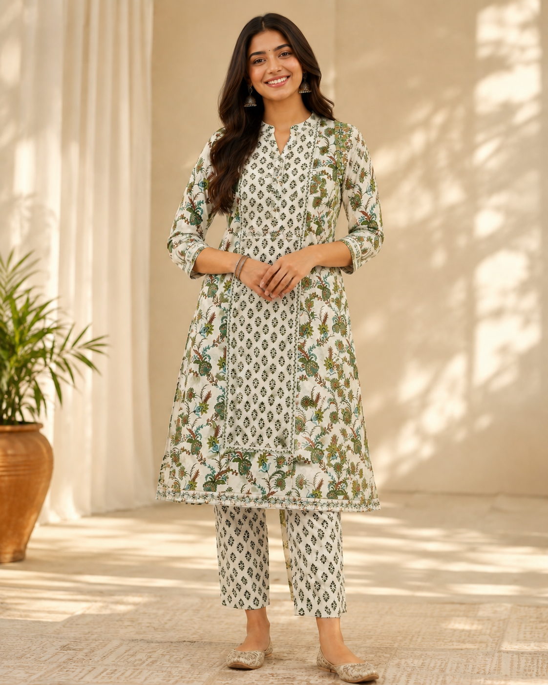 Minted Meadows: Sage Green Floral Pure Cotton Kurti Set