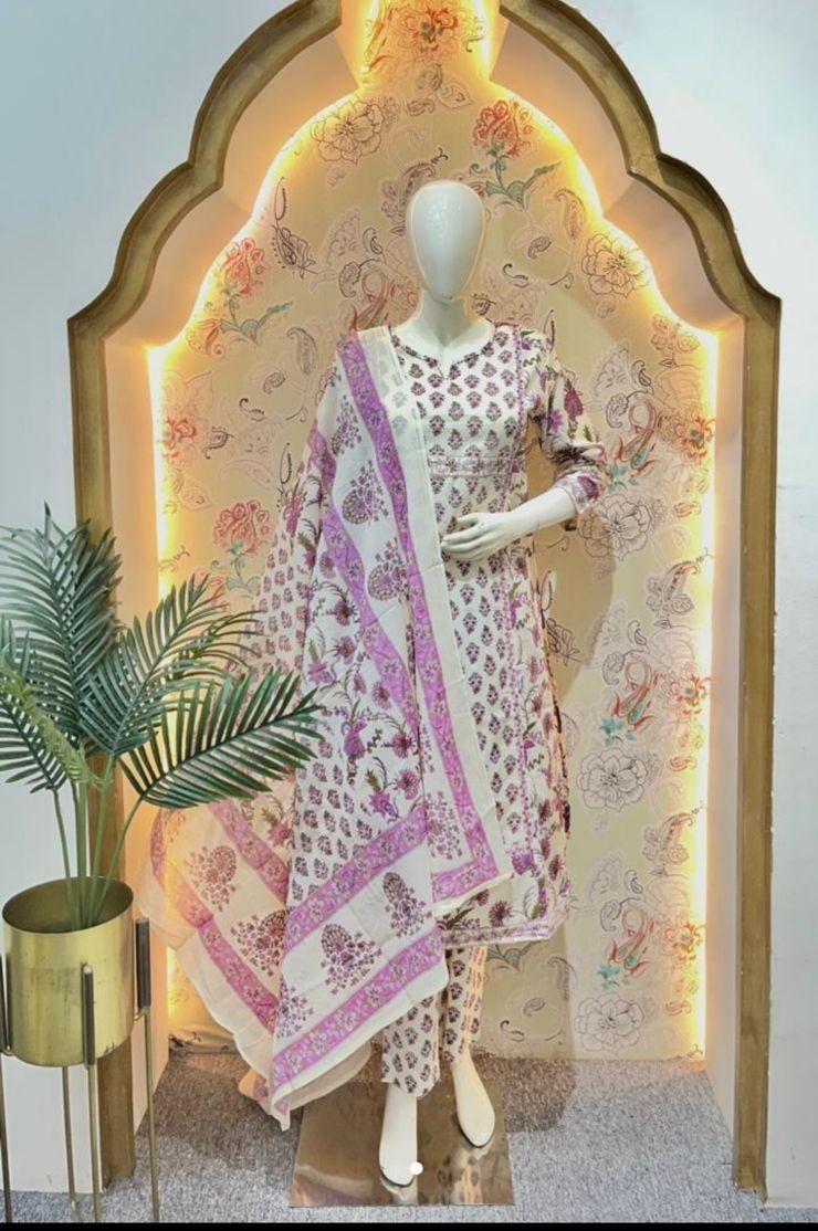 Orchid Breeze: Purple Floral Pure Cotton Kurti Set gallery 2