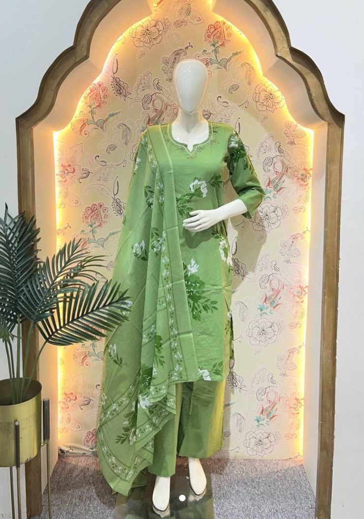 Mint Blossom: Pure Cotton Leaf Print Kurti Set gallery 2