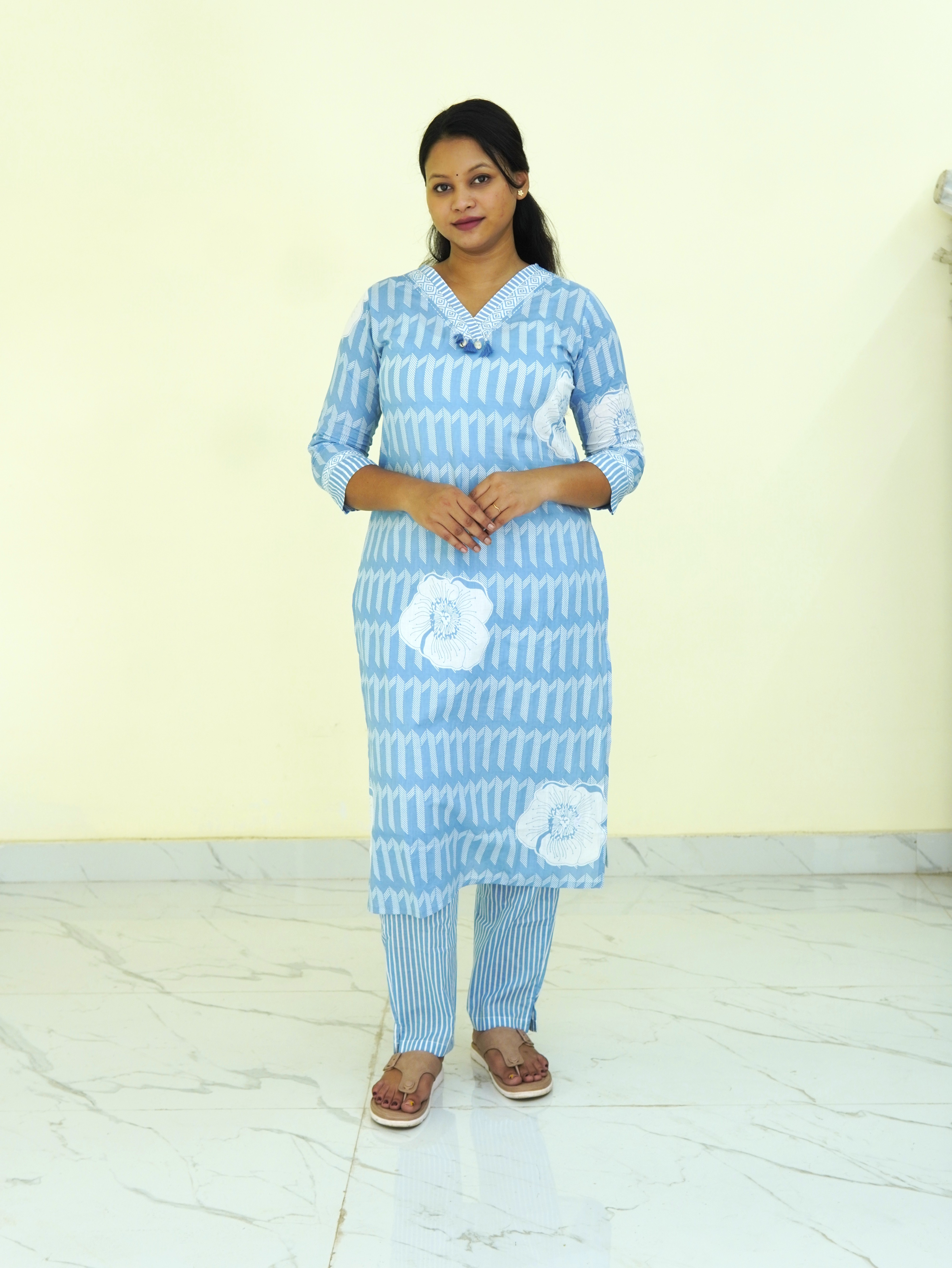 Meera Sky: Aura Blue Pure Cotton Kurti set gallery 3
