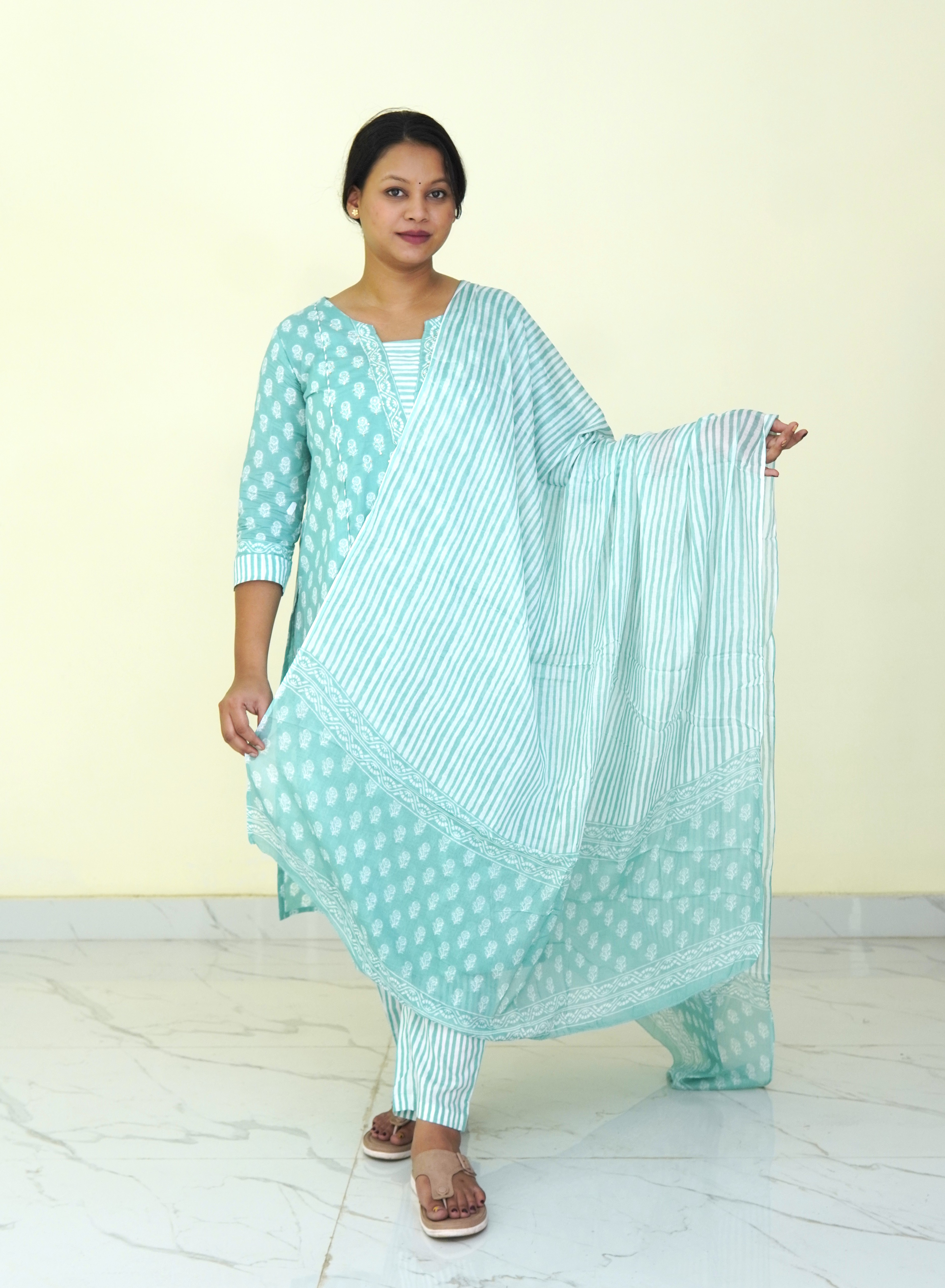 Mint Breeze: Sage Strips Pure Cotton Kurti Set