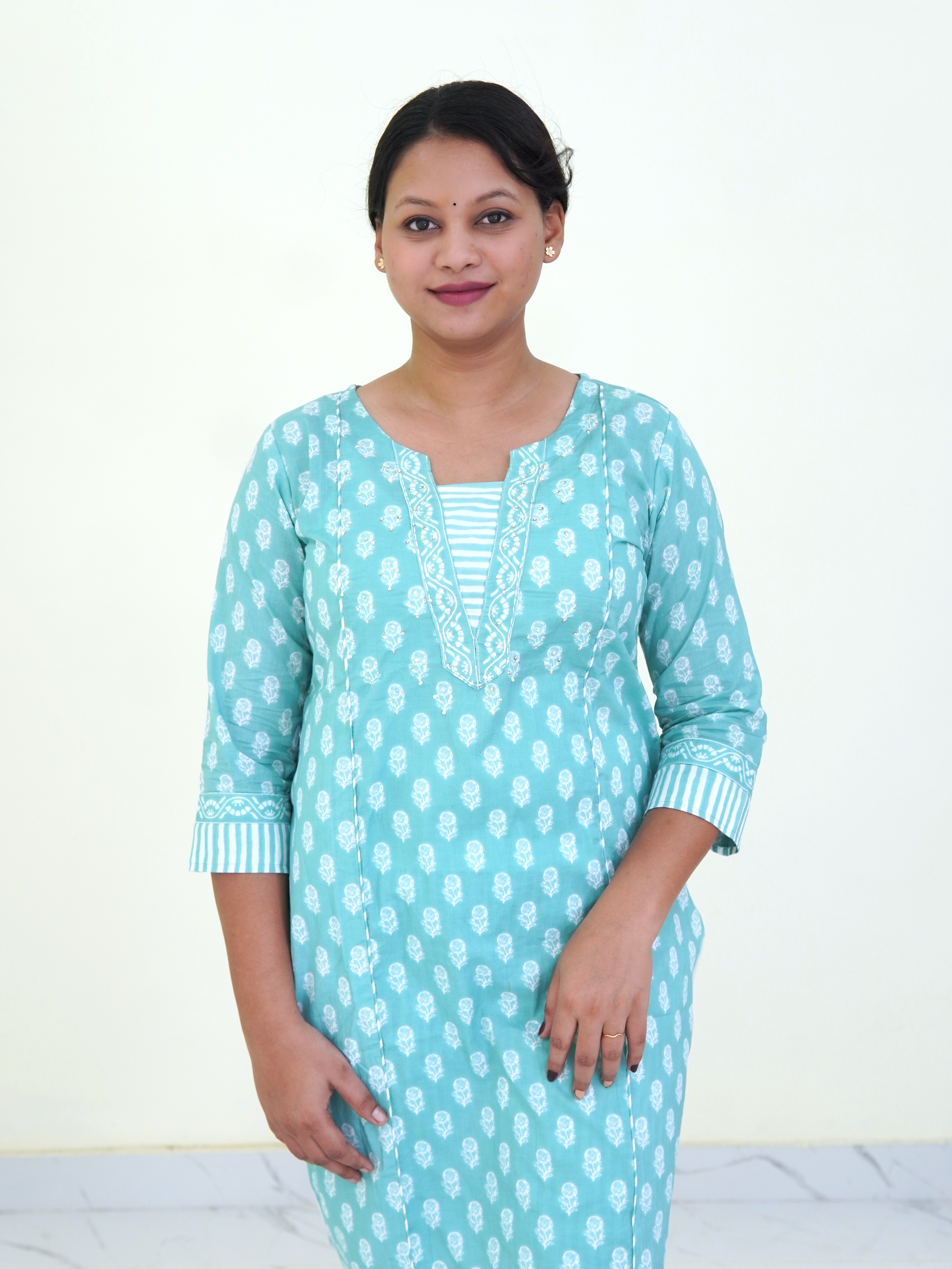 Mint Breeze: Sage Strips Pure Cotton Kurti Set gallery 2