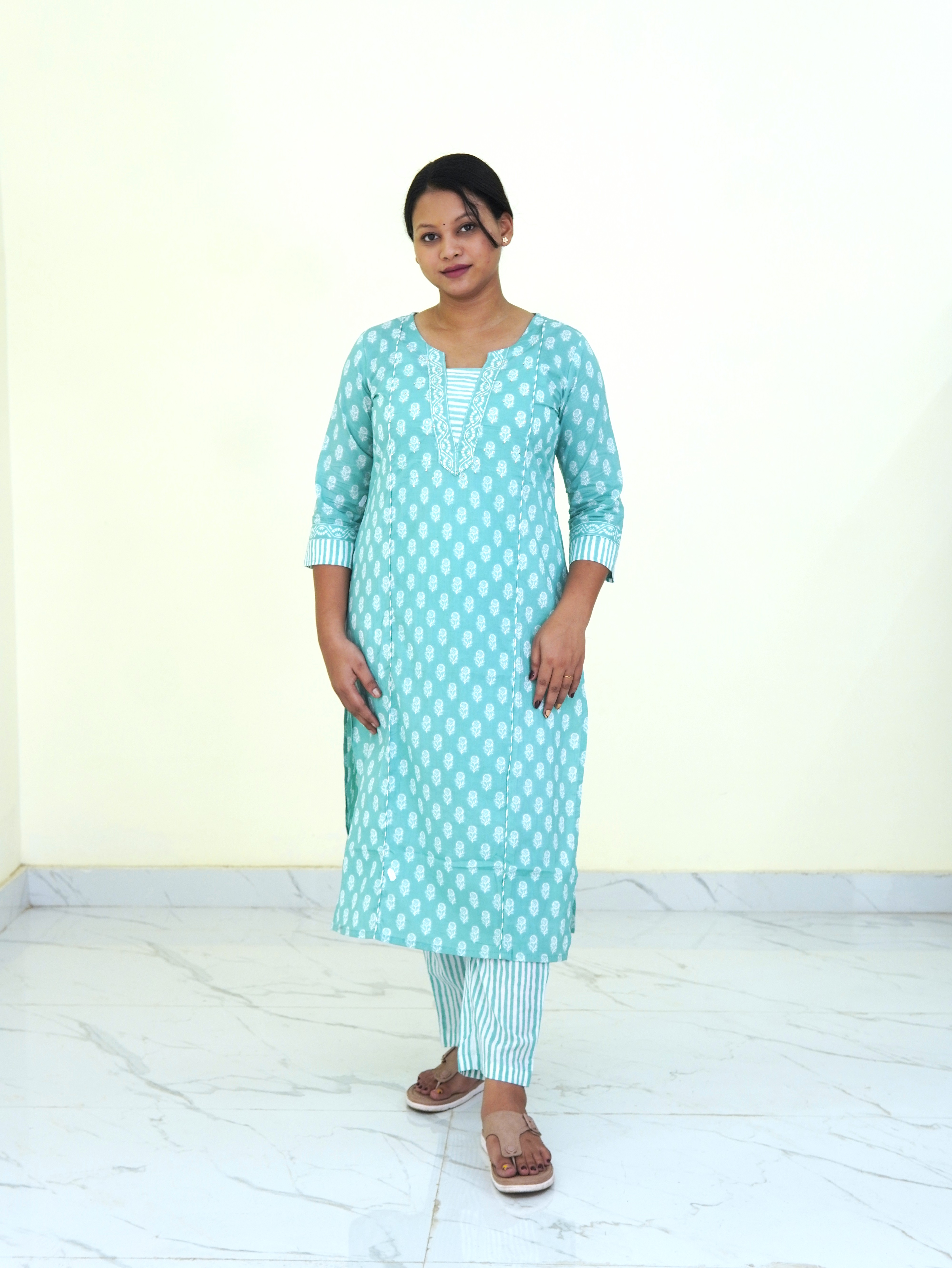 Mint Breeze: Sage Strips Pure Cotton Kurti Set gallery 3