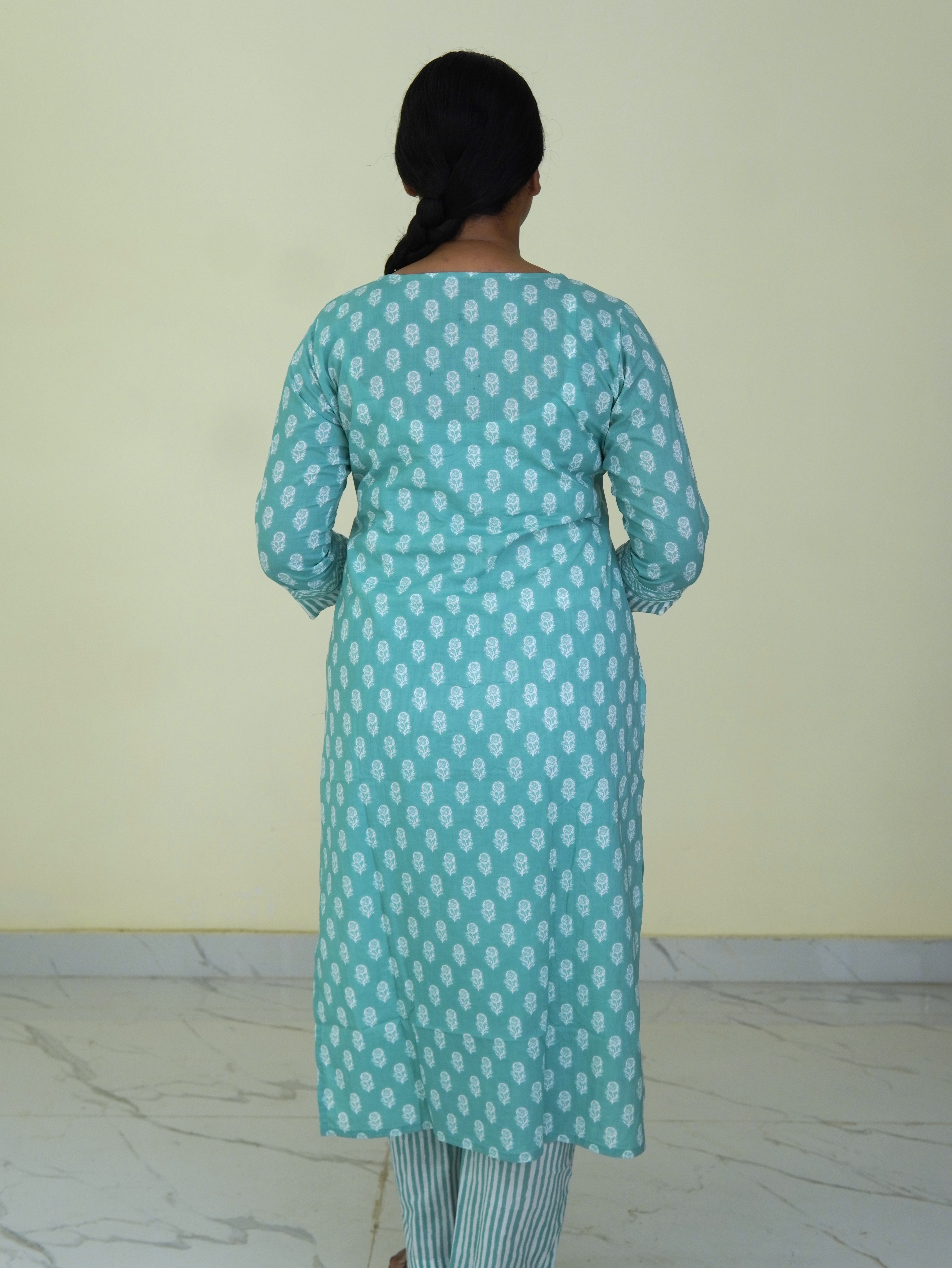 Mint Breeze: Sage Strips Pure Cotton Kurti Set gallery 4