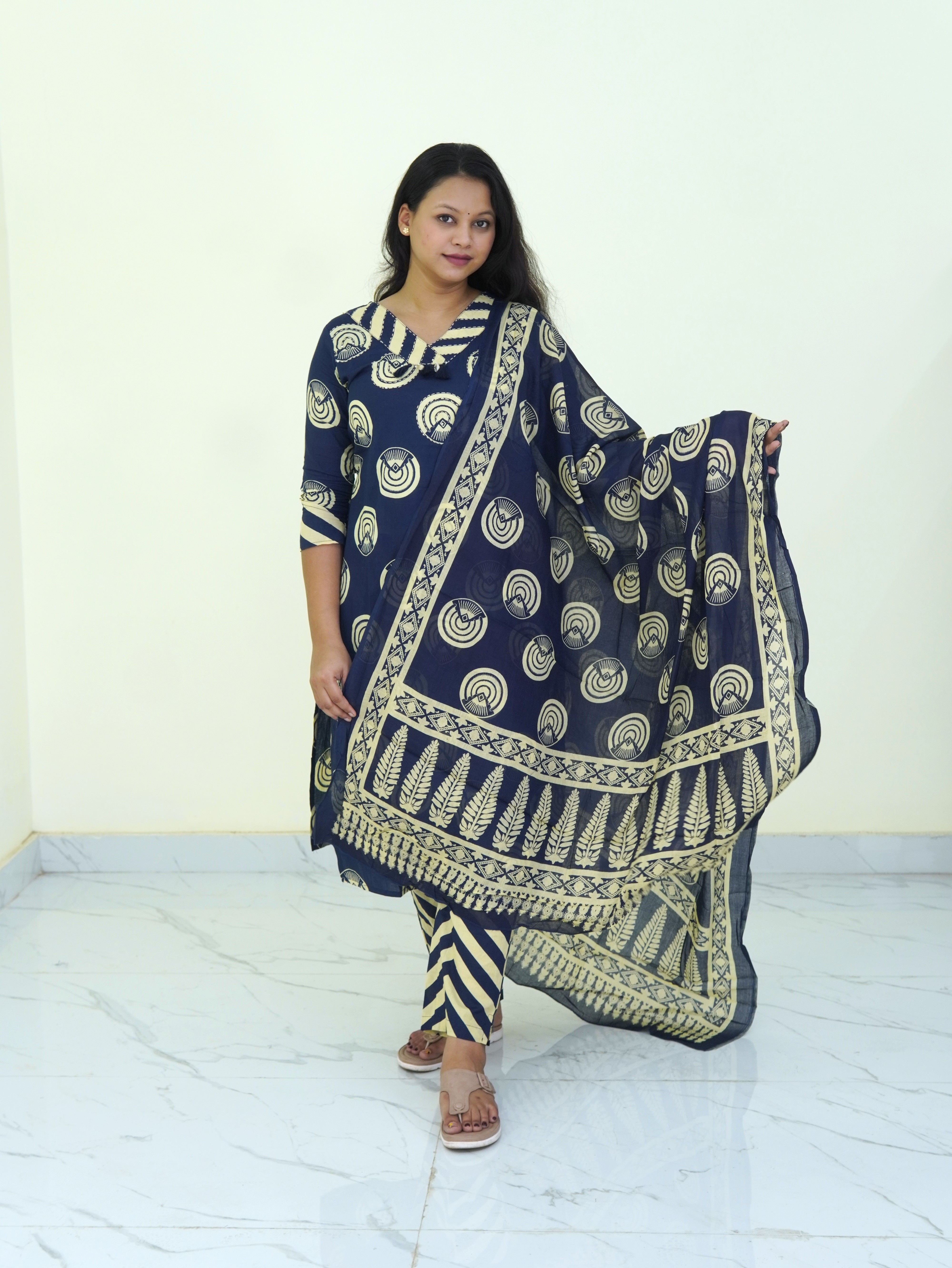 Midnight Geometric: Lunar Bloom Pure Cotton Kurti Set