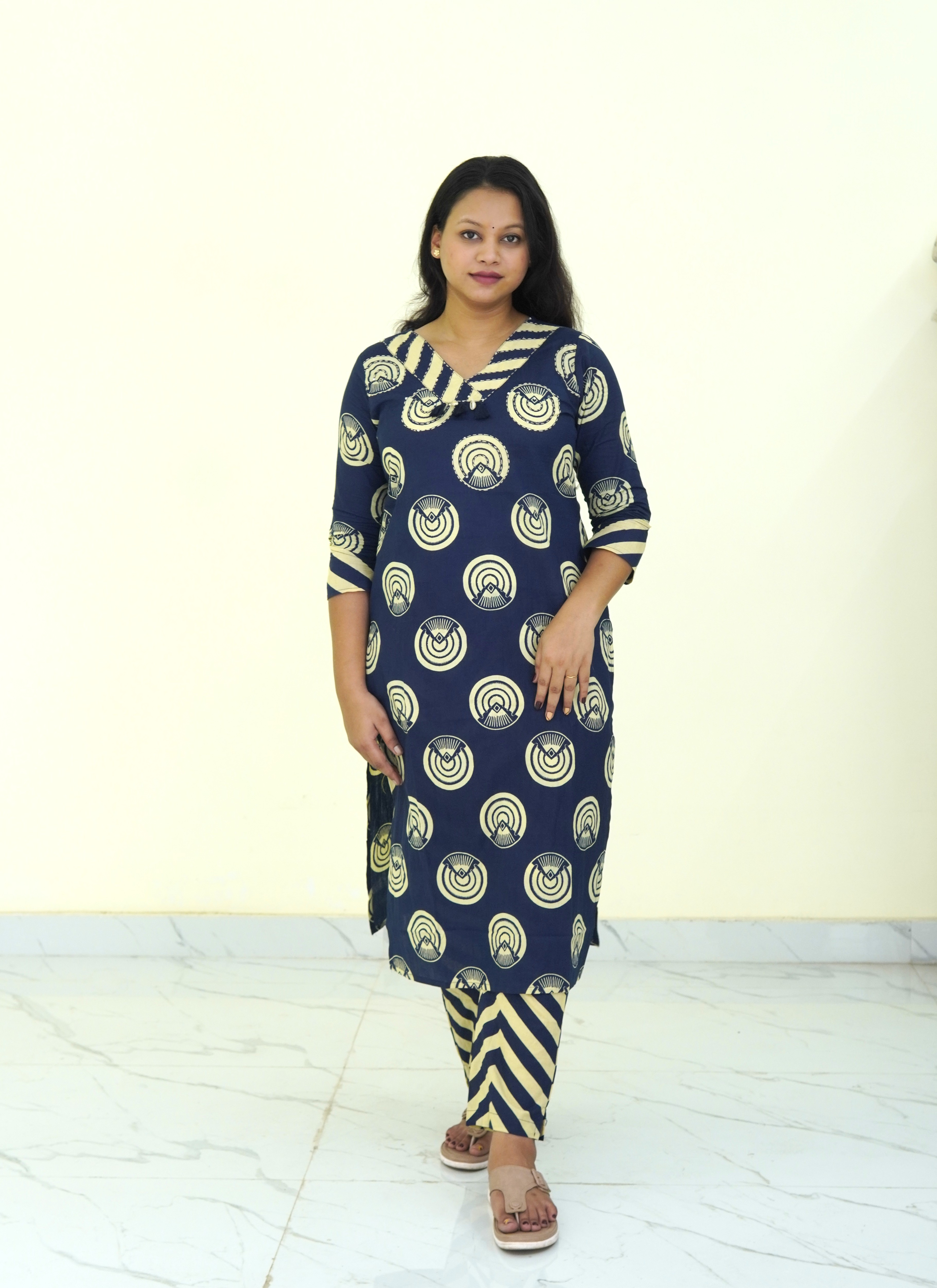 Midnight Geometric: Lunar Bloom Pure Cotton Kurti Set gallery 3