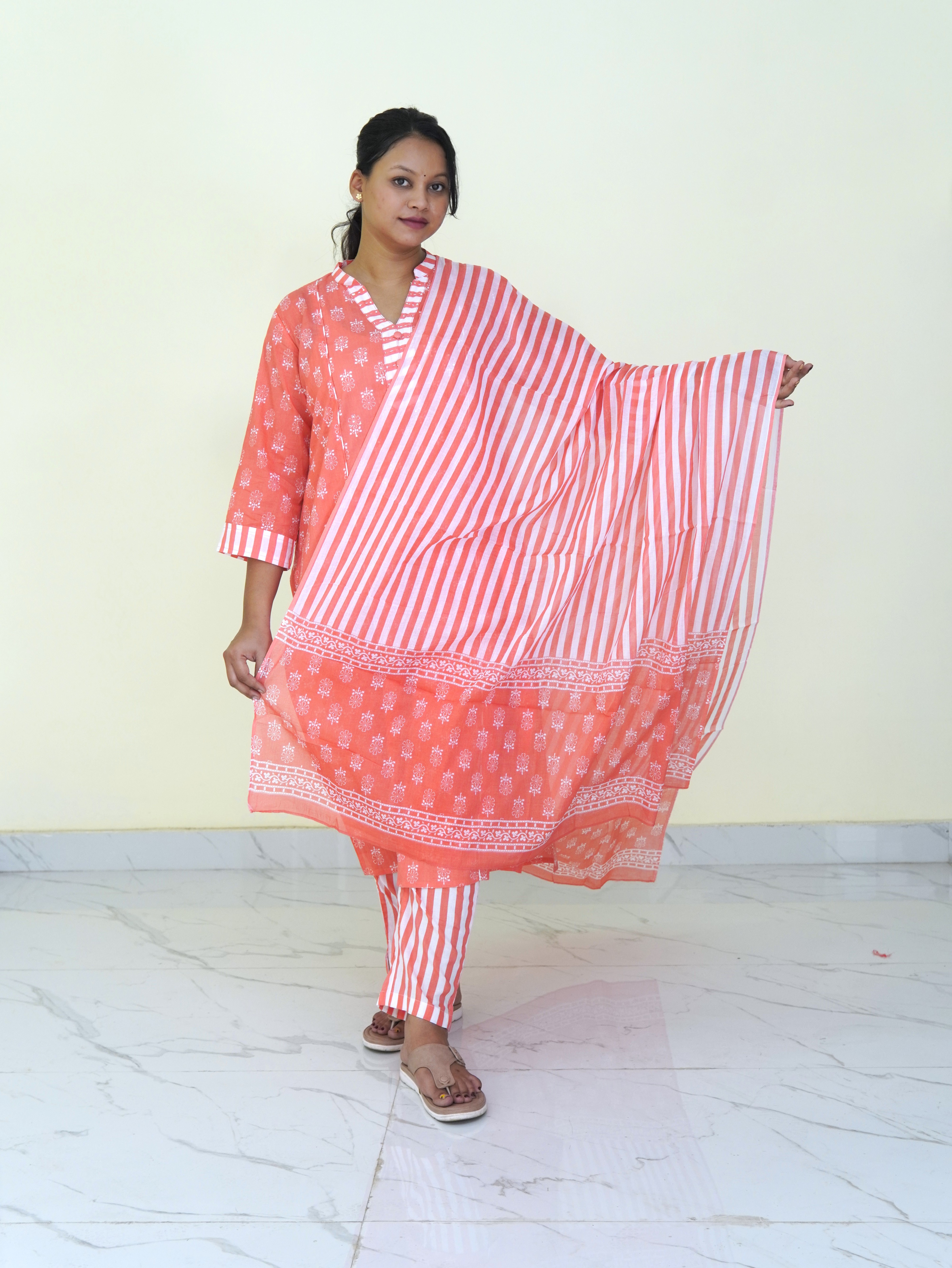 SunSet striped: Peach Blossom Pure Cotton Kurti Set