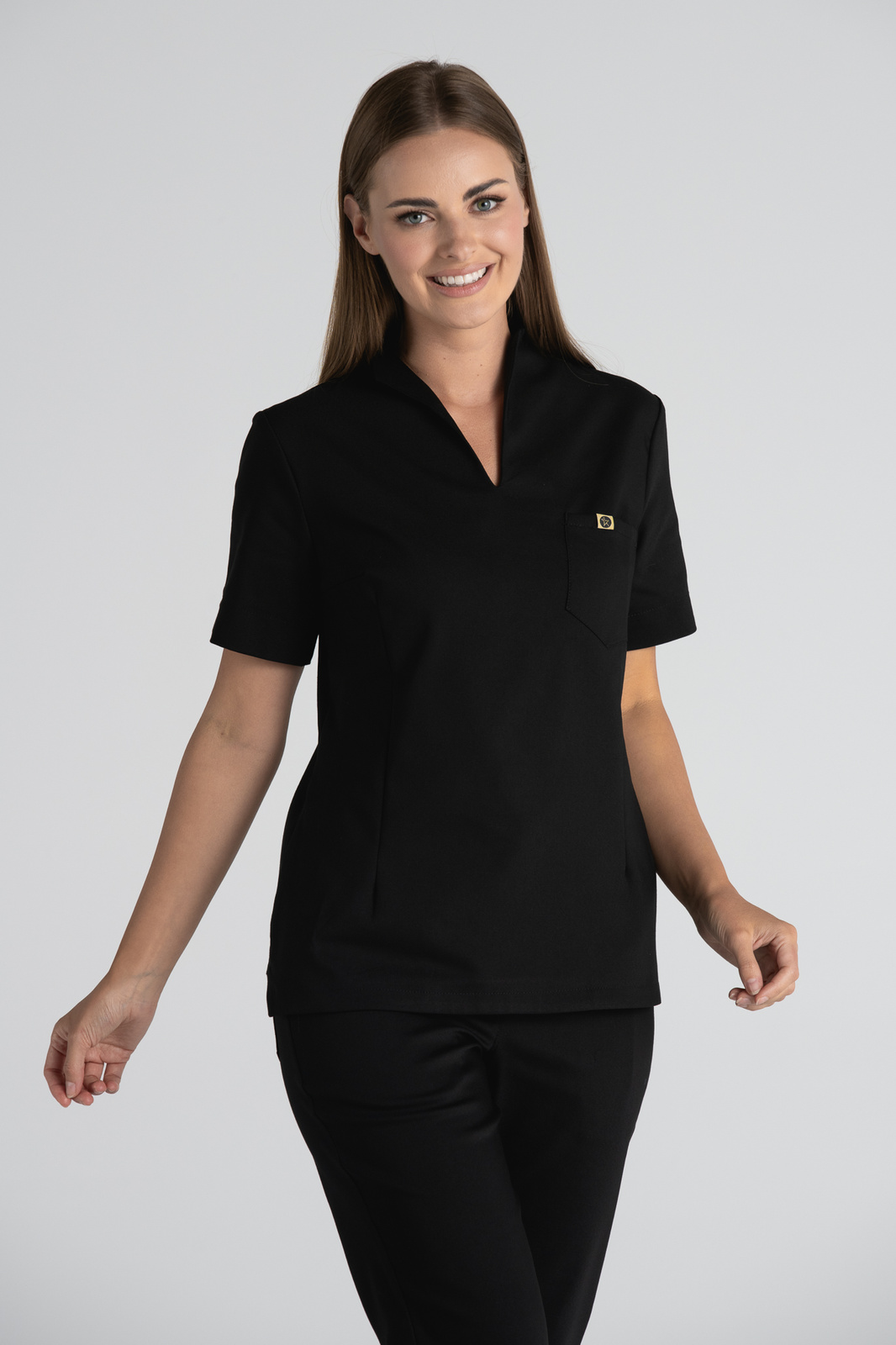 Elegancka bluza medyczna damska ze stójką May - Ink black