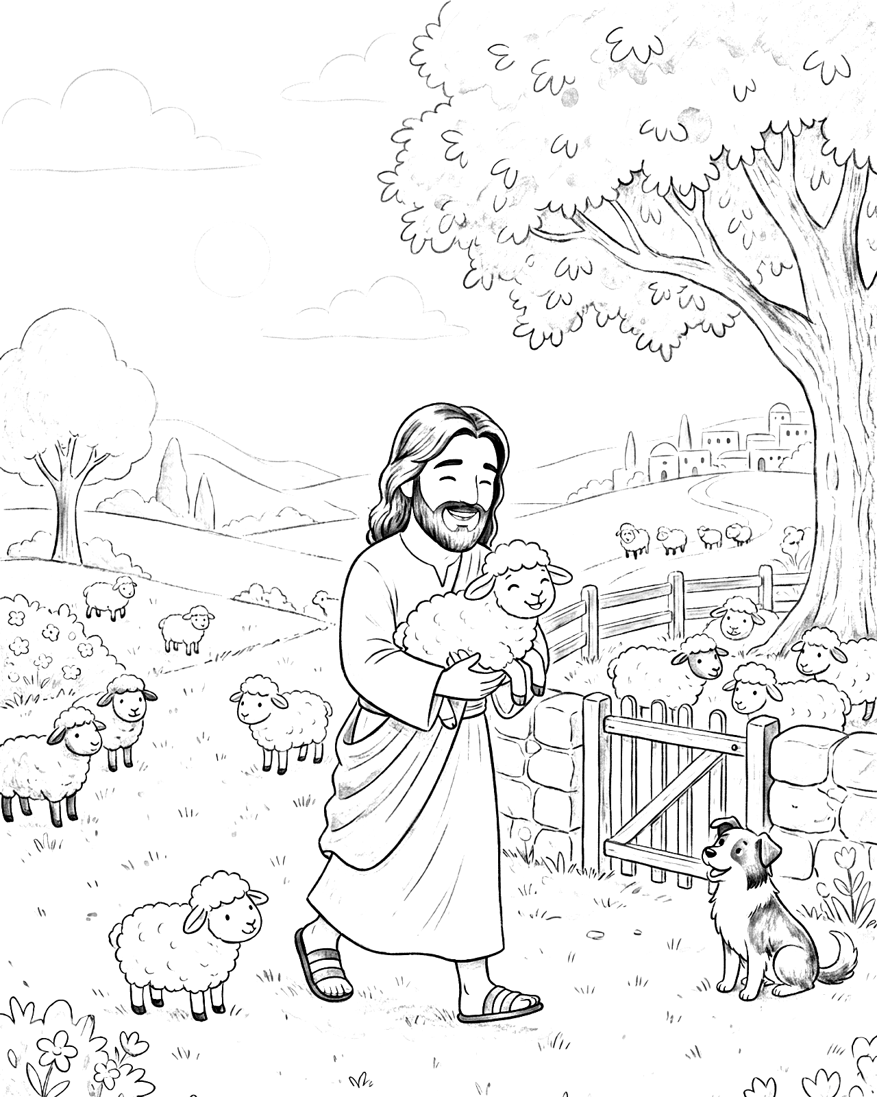 Página para colorir — O Bom Pastor e a Ovelhinha