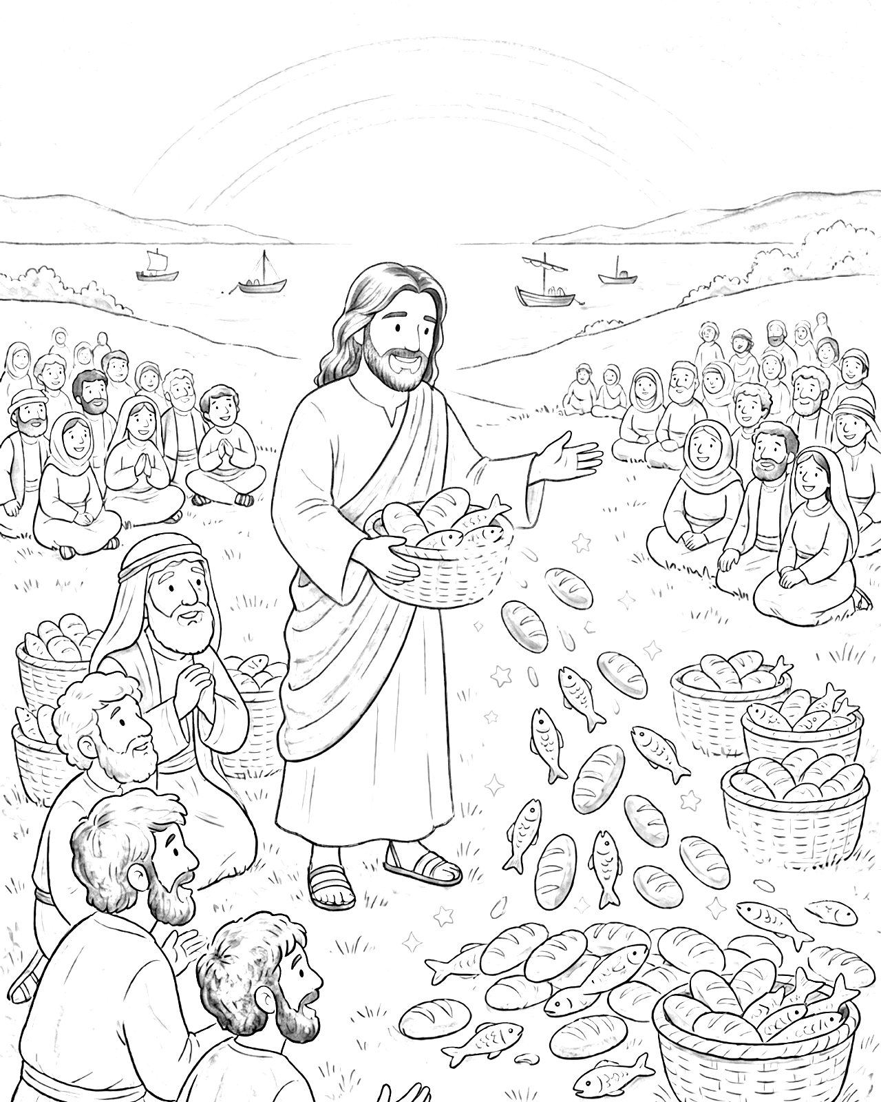 Página para colorir — Pãezinhos e Peixinhos