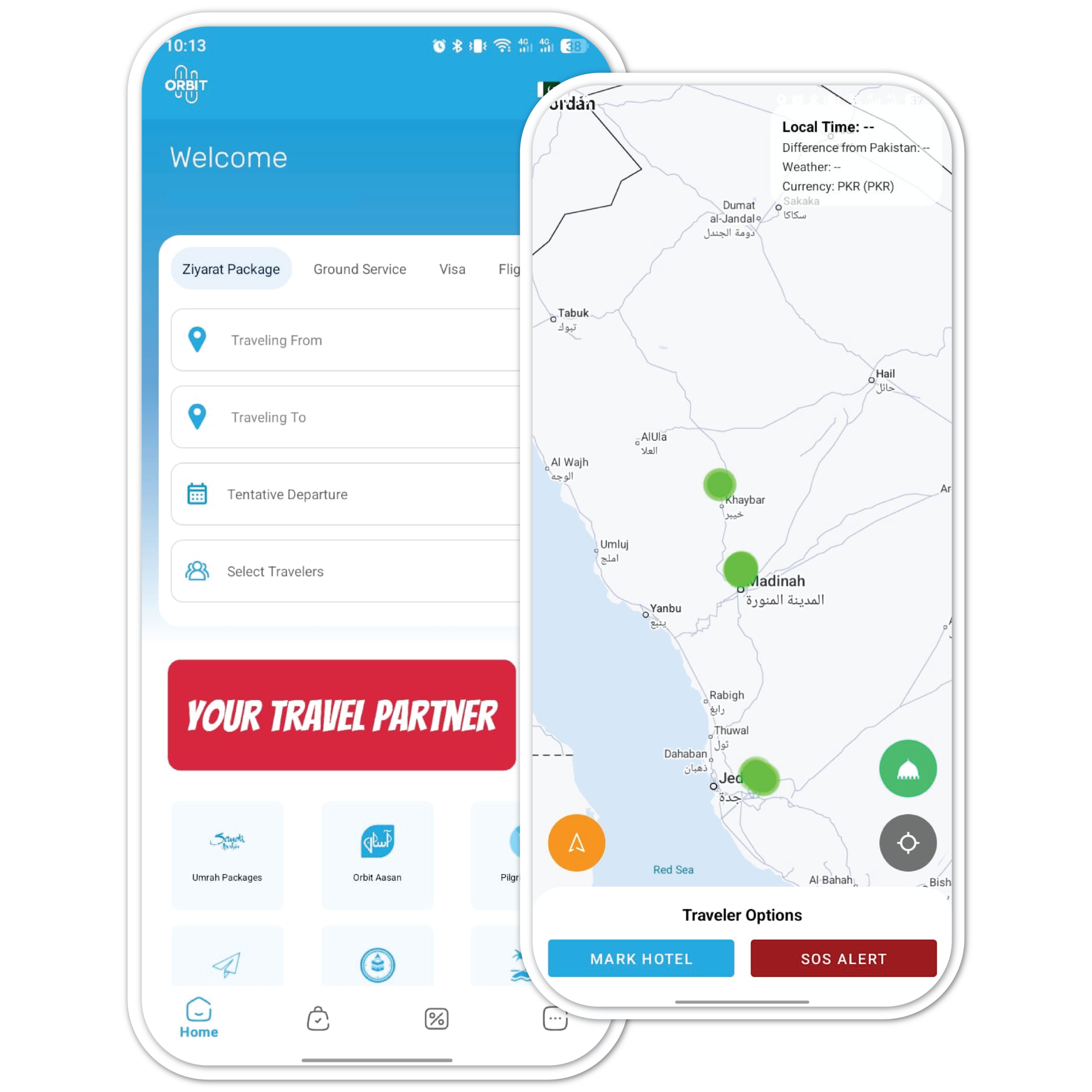 Orbit App Interface showing Umrah booking and tracking features