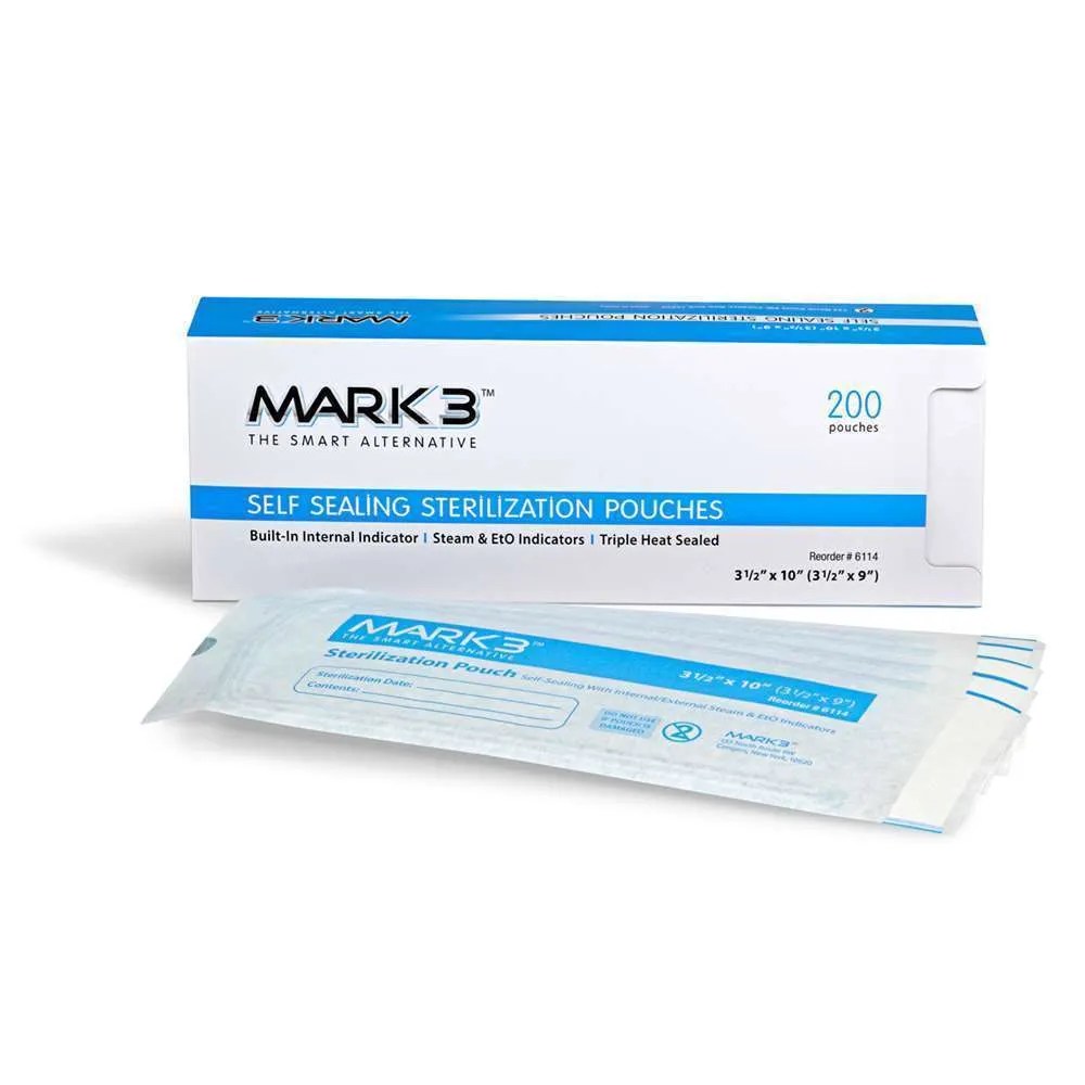 MARK 3 (#6110) - SELF SEALING STERILIZATION POUCHES - BUILT-IN INTERNAL INDICATOR - 2 1/4X 5 INCH - BX 200
