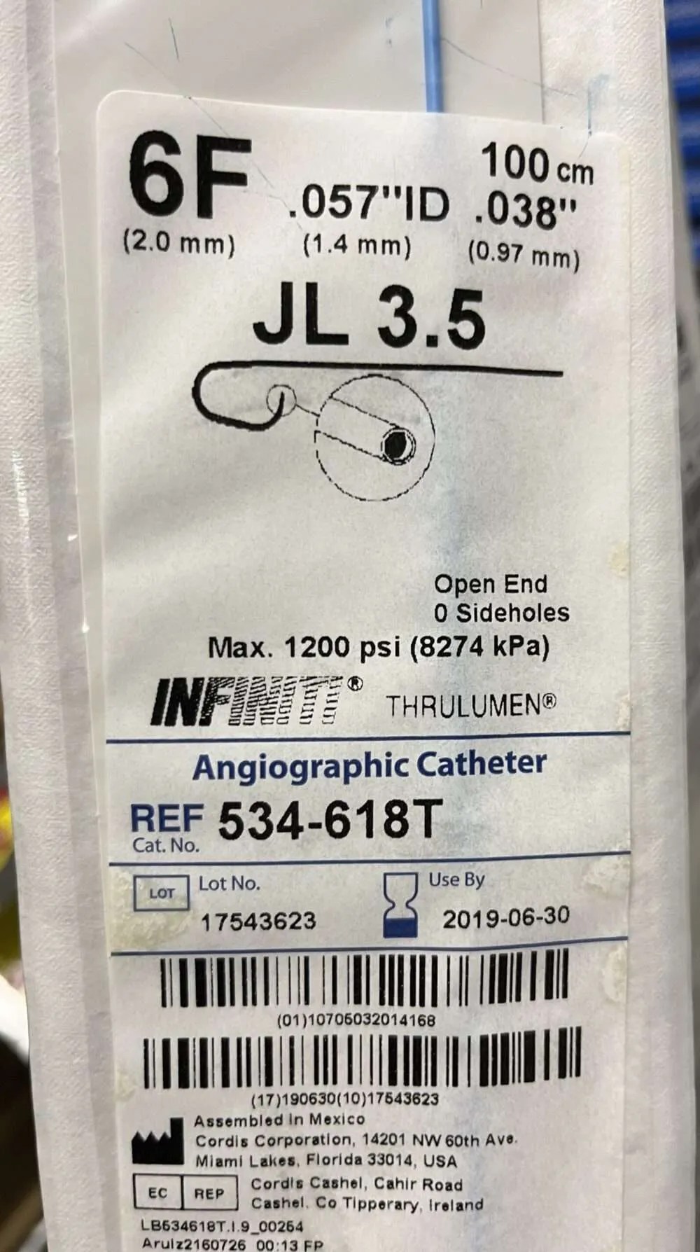 Cordis Angiographic Catheter, 6 F, 100 cm, JL 3.5, Open End, 0 Sideholes, Box of 5
