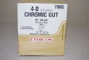Ethicon Chromic Gut Absorbable Suture with Needle, G-2, 1/2 Circle Reverse Cutting, 4-0, Monofilament, Box of 12