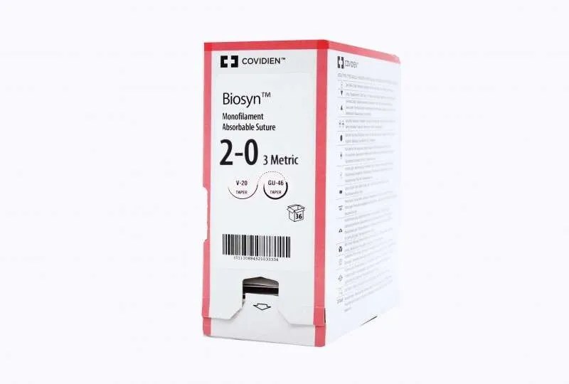Covidien Suture, Size 2-0, 75 cm, Violet, Glycomer 631 Glycolide, Monofilament, 5/8 Circle, 27 mm Needle, GU-46 V-20, Box of 36