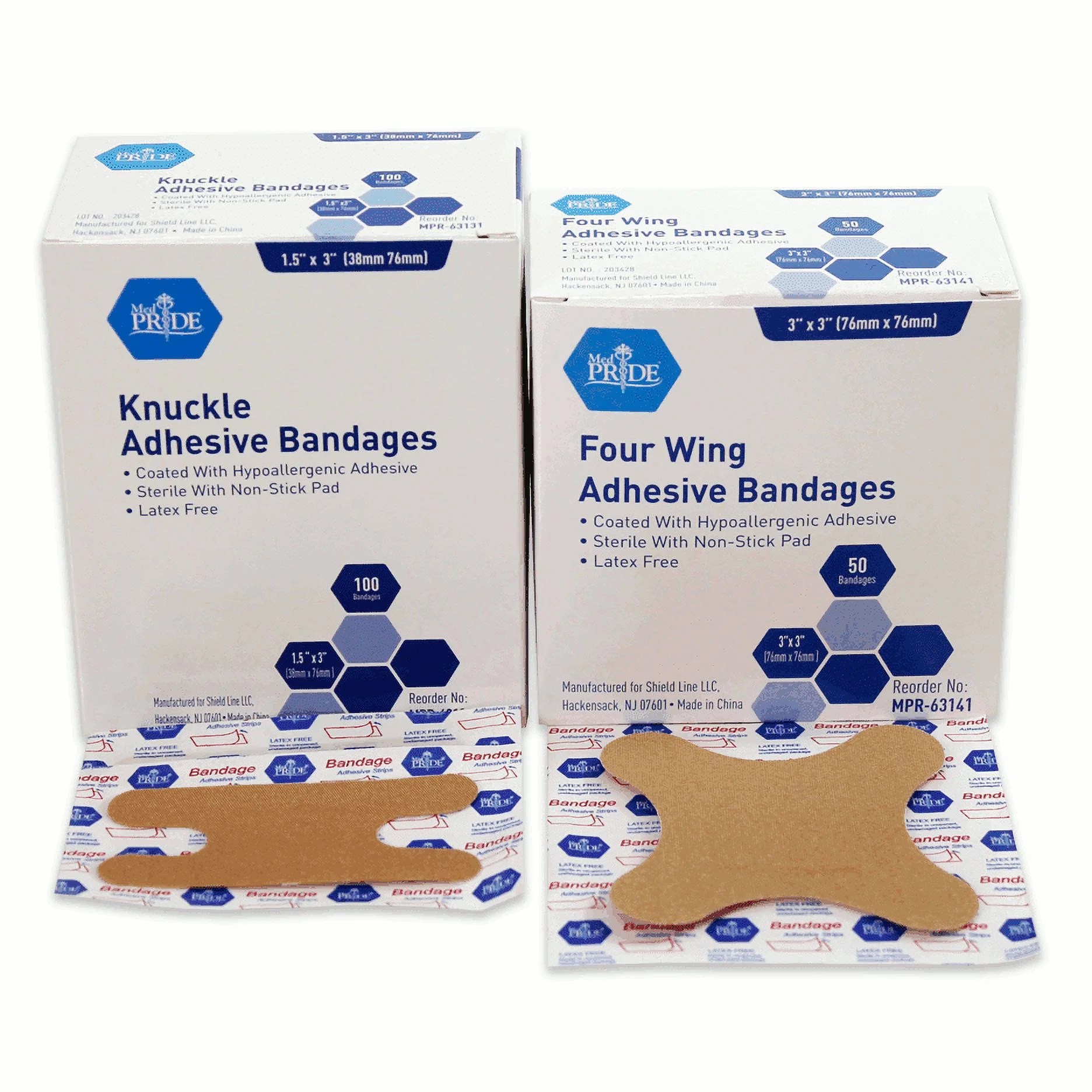 MedPride Adhesive Knuckle Bandages | Fabric | 3 x 3" | 4-Wing | Sterile | Latex Free | 50/cs MPR-63141