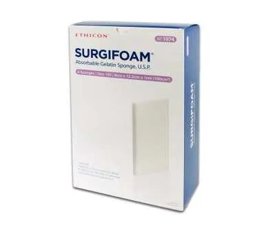 Ethicon (1974) - SURGIFOAM ABSORBABLE GELATIN SPONGE U.S.P - SIZE 100 - 8 CM X 12.5 CM X 1 CM - BX 6