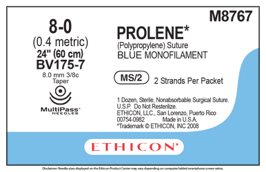 Ethicon Prolene Suture, 8-0, 2 x 24 in, Box of 12