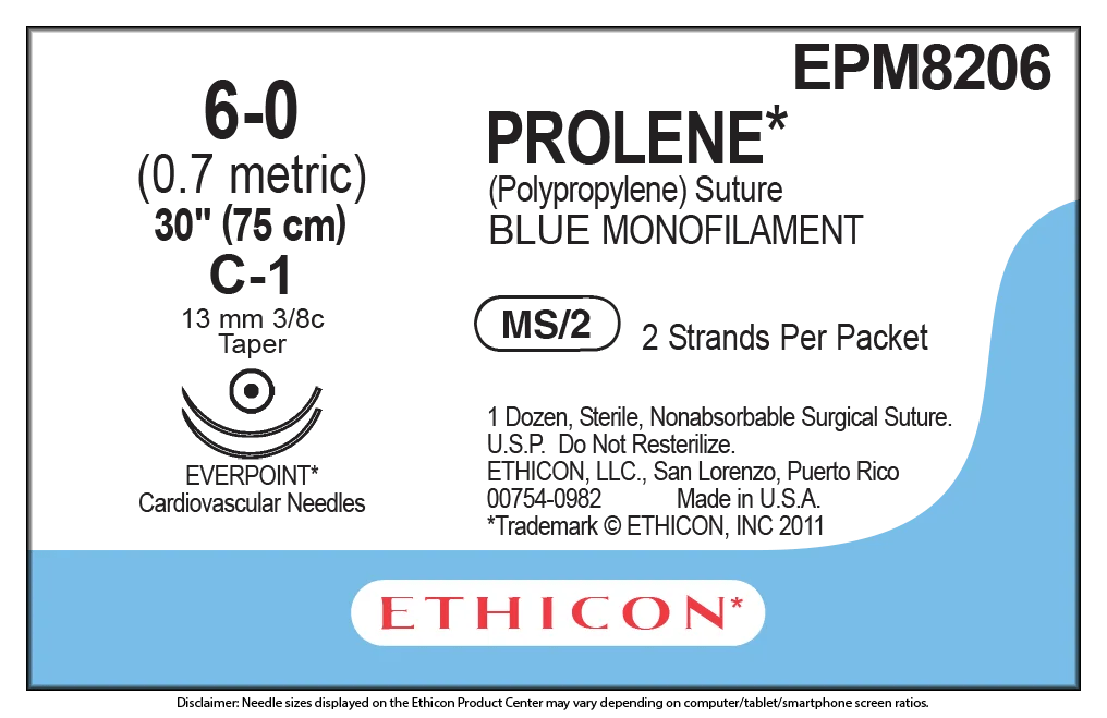 Ethicon (EPM8206) - PROLENE POLYPROPYLENE SUTURE BLUE MONOFILAMENT - 6-0 - C-1 - EXP - 12/31/27 - BX2 - OVERSTOCK