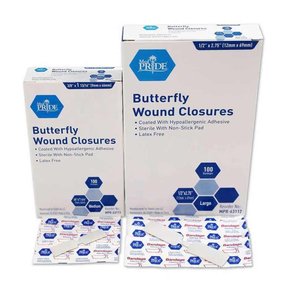 MedPride Butterfly Fabric Adhesive Bandages – Sterile, 3/8″ x 1-13/16″, Medium, MPR-63111, 100cs