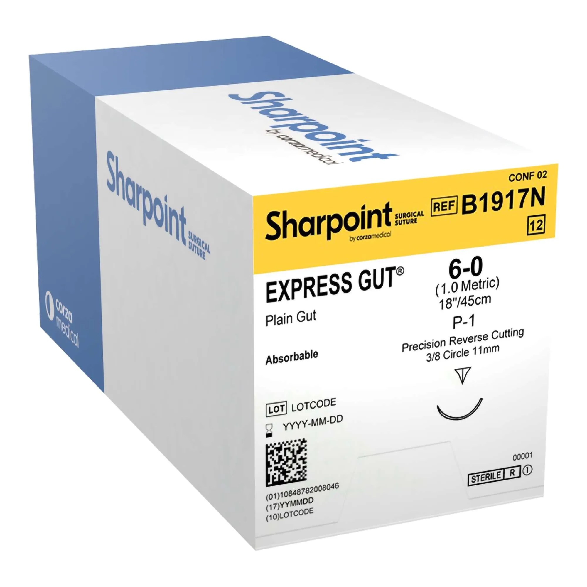 Sharpoint Plain Gut Absorbable Suture with Needle, P-1, 3/8 Circle Precision Reverse Cutting, Size 6-0, Monofilament, Box of 12