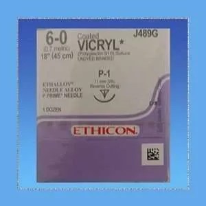 Ethicon Coated Vicryl Suture J489G, Braided Undyed, 6-0, 18", P-1