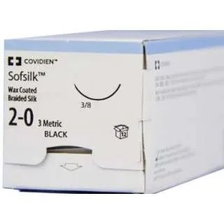 Covidien Sofsilk Wax Coated Braided Silk Suture, 2-0 / 3 Metric, 18 in / 45 cm, Black, Reliapoint C-16 Cutting, 3/8 Circle, Box of 36