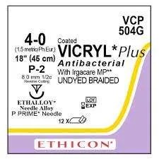 Ethicon Vicryl Plus Suture, VCP504G, 4-0, 18 in, Antibacterial, Polyglactin 910, Braided