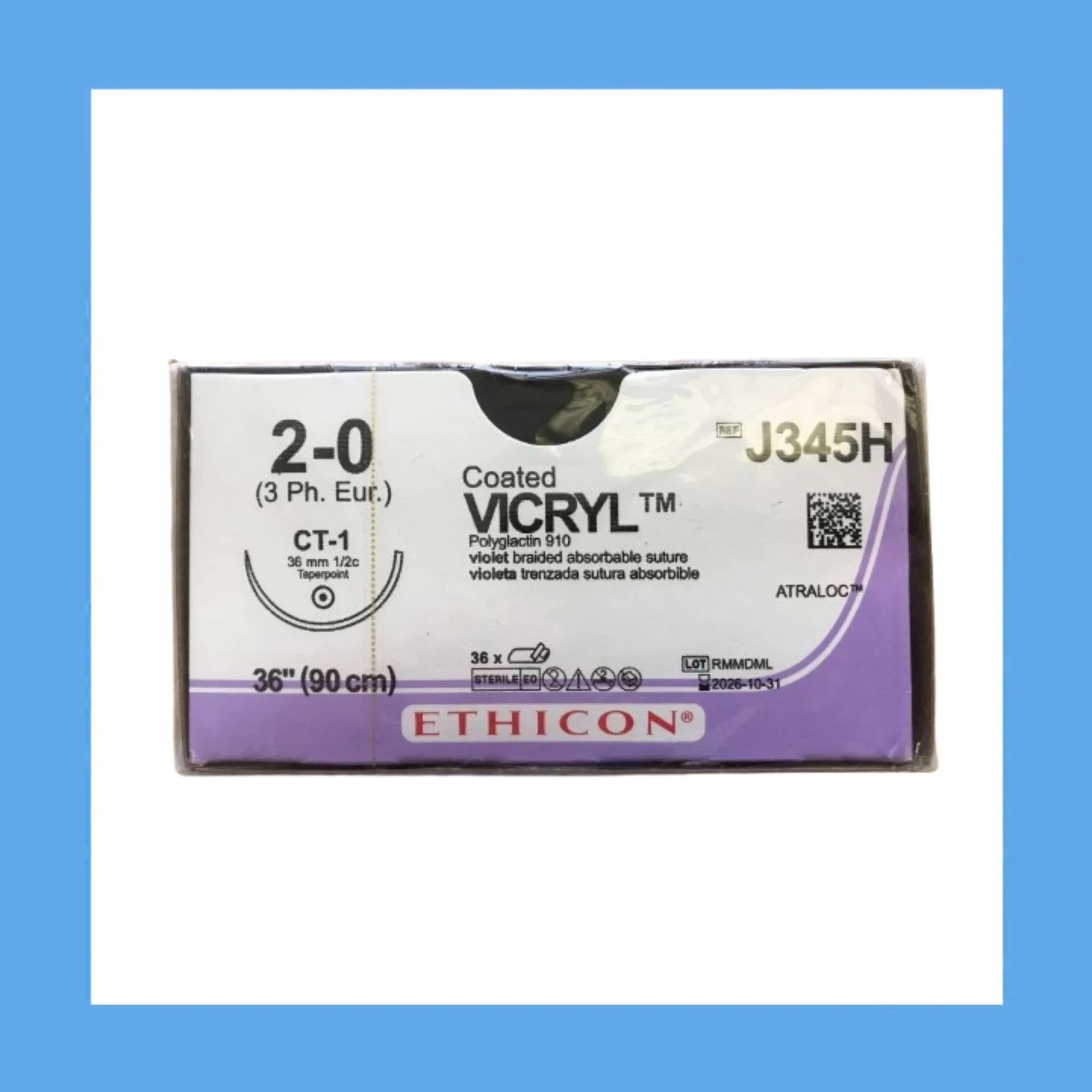 Ethicon Vicryl Suture, Violet, Size 2-0, CT-1, 36 in