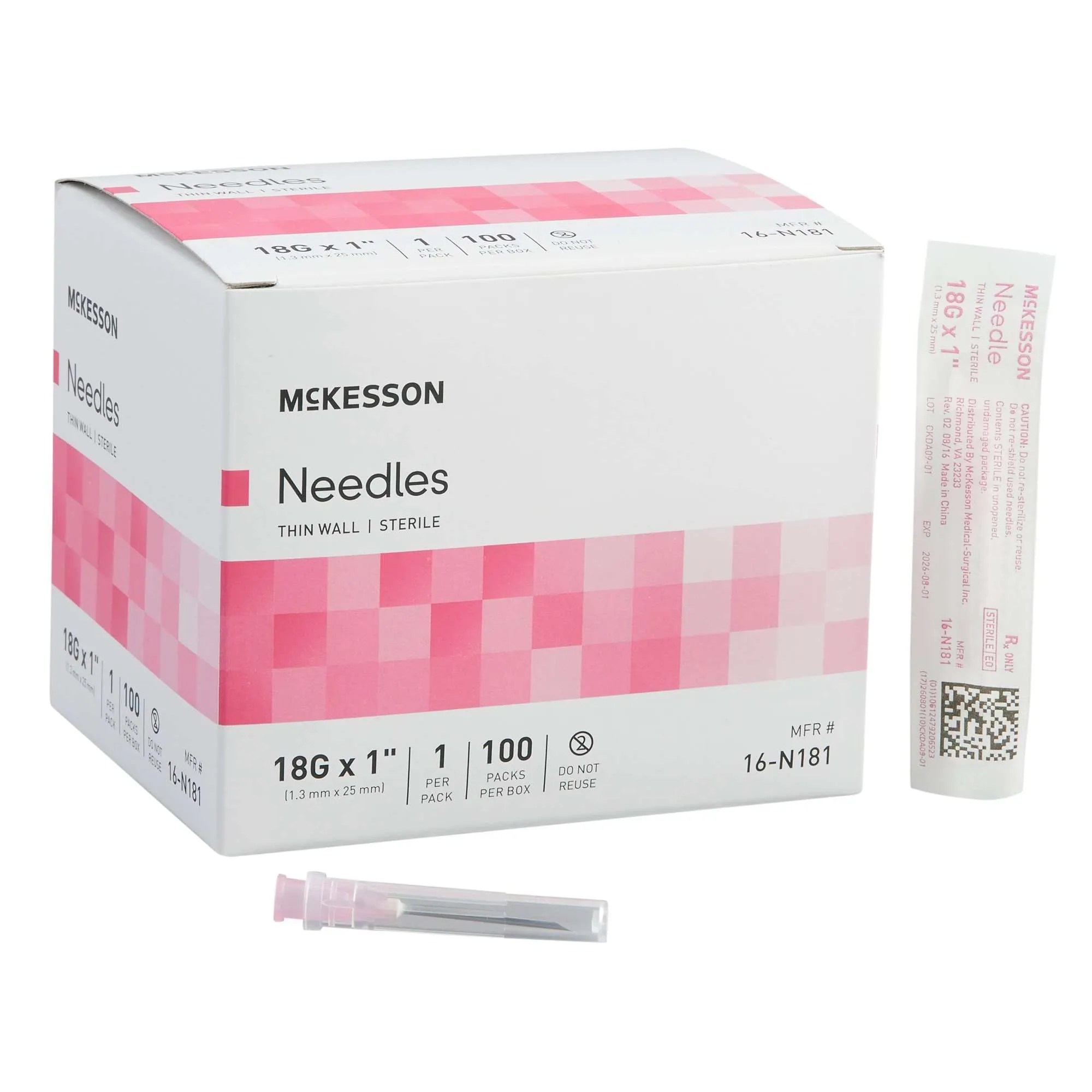 McKesson ( 16-N181) Hypodermic Needle 1 Inch Length 18 Gauge Thin Wall Without Safety 100/Bx