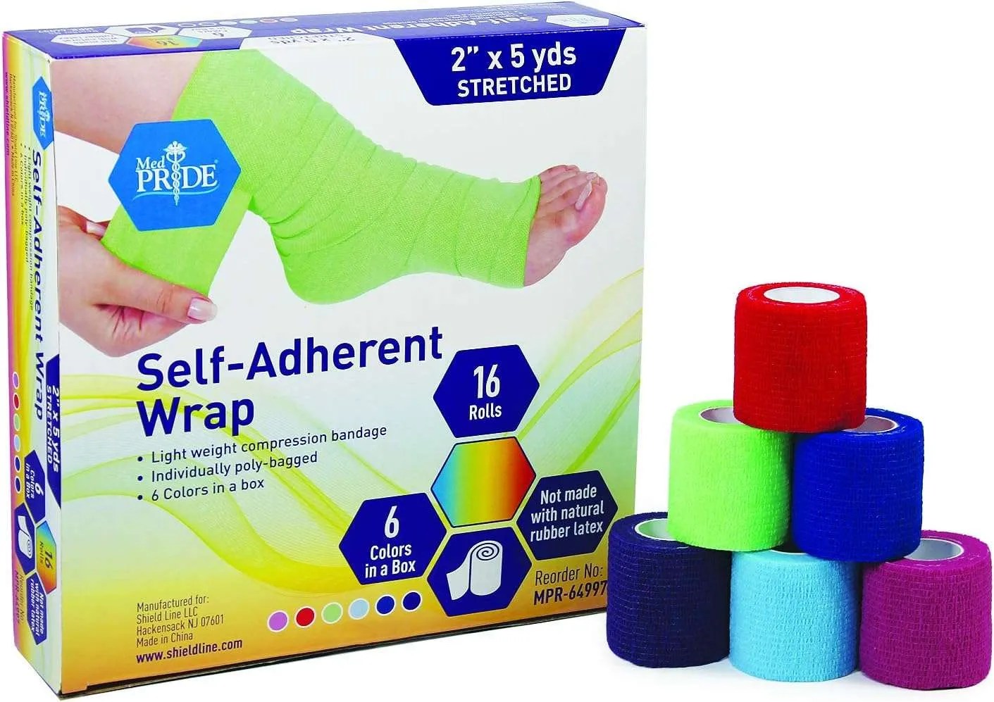 Medpride Self-Adherent Wrap, 2 in x 5 yd, Rainbow Colors, Latex Free, Box of 16
