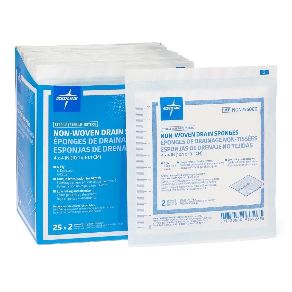 Medline (NON256000) - NON-WOVEN DRAIN SPONGES - 4 X 4 INCH - 6 PLY - BX 25 - OVERSTOCK