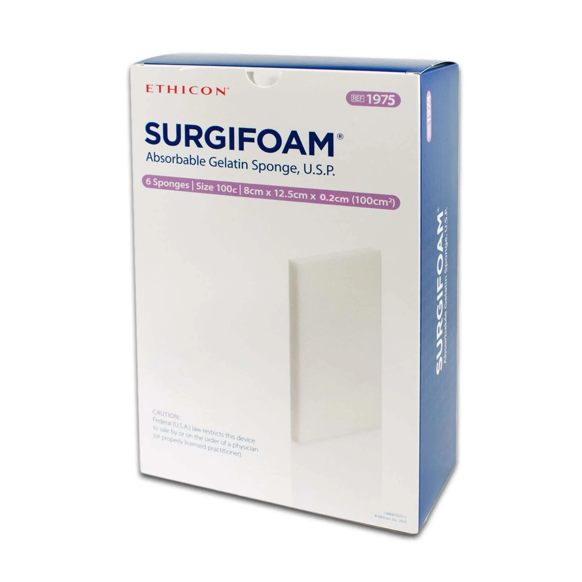 Ethicon Surgifoam Absorbable Gelatin Sponge, 8 cm x 12.5 cm x 2 mm, Sterile, Box of 6