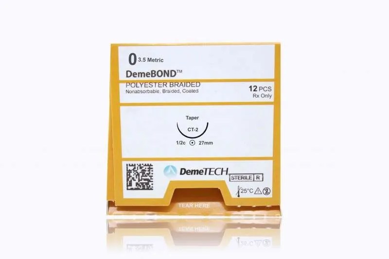 Demetech DemeBOND Suture, 0, Polyester, Green, 30 in, CT-2 Taper, Braided, Non-Absorbable, Box of 12