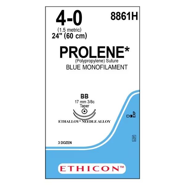 Ethicon Prolene Blue Monofilament Suture, Size 4-0, 24 in, BB, Box of 36