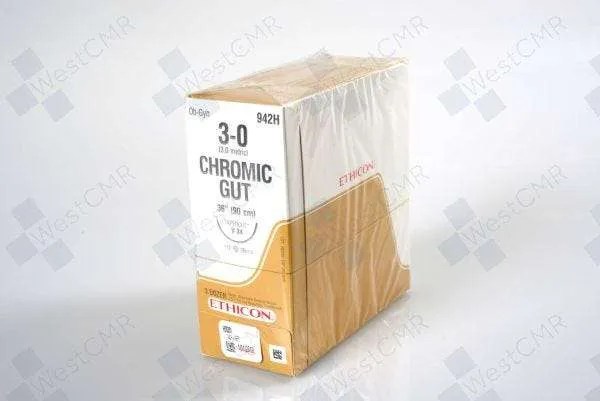 Ethicon Suture, Size 3-0, 36 in, Brown, Chromic Gut, Monofilament, 1/2 Circle, 36 mm Needle, Box of 36
