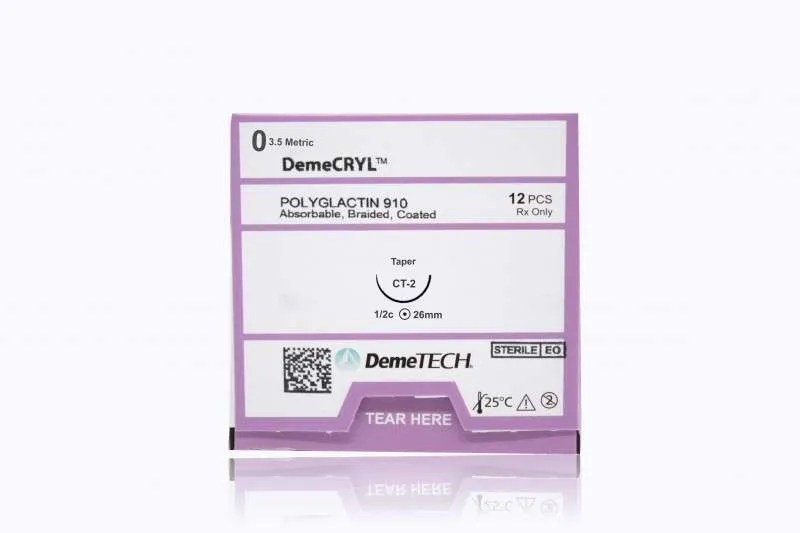 Demetech DemeCRYL PGLA Suture, Undyed, 27 in, CT-2 Taper, Absorbable, Monofilament, Box of 12