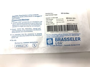 Brasseler Standard Bur, Oval, Carbide, Fluted, 4.0 mm x 8.0 mm x 48 mm, Each