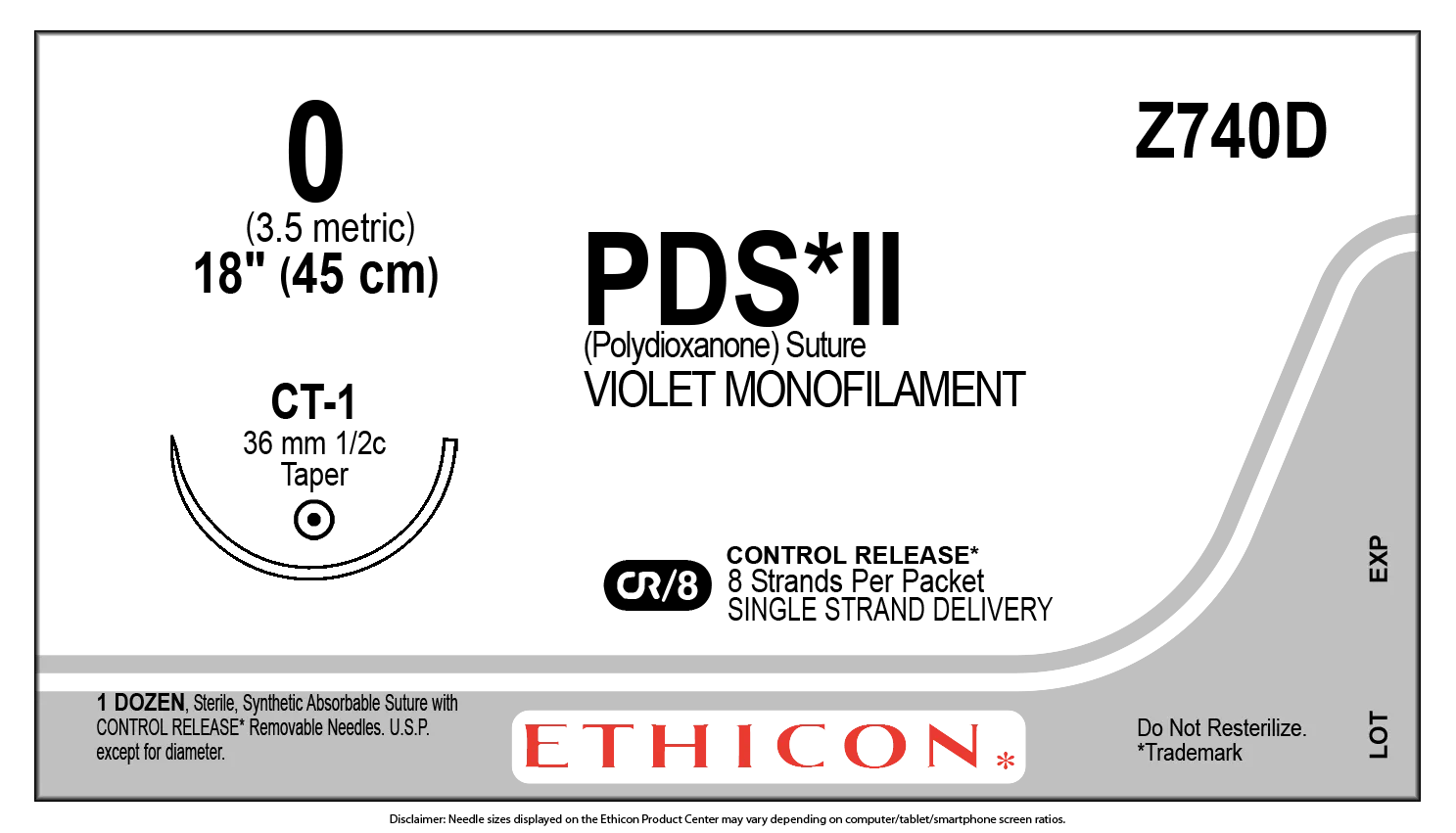 Ethicon PDS II Polydioxanone Violet Monofilament Suture, 8 x 18 in, Box of 12