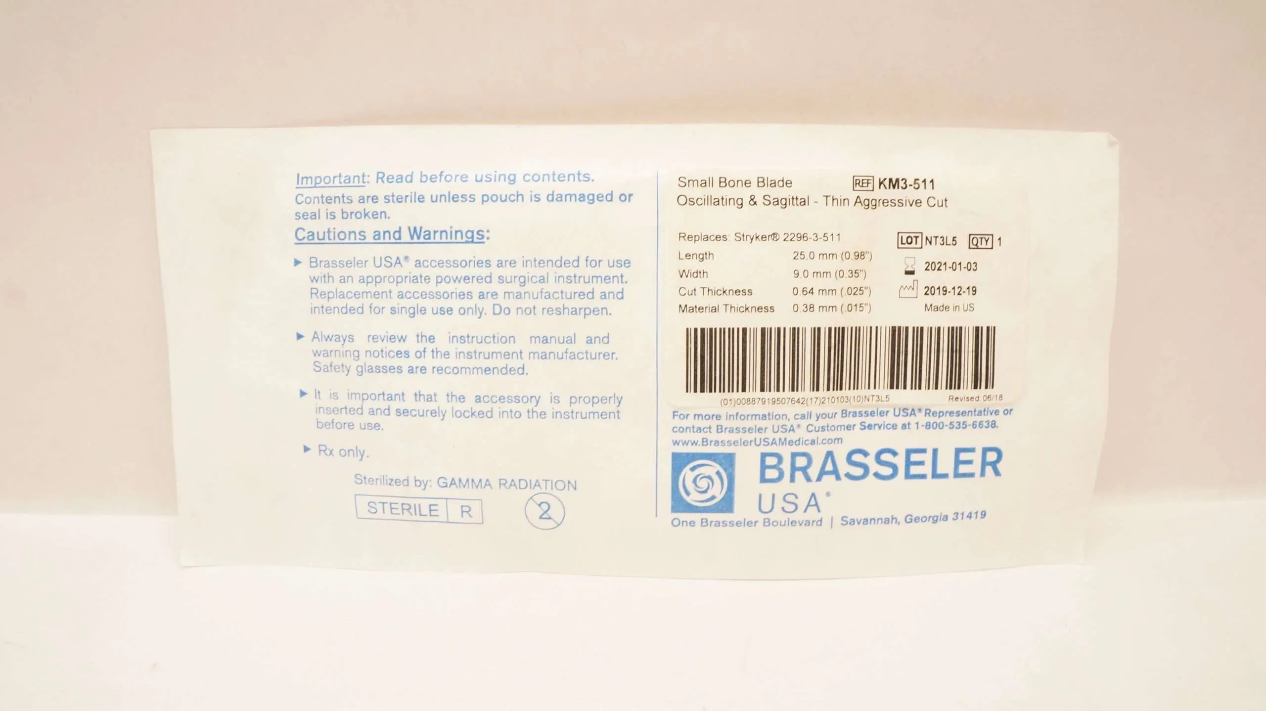 Brasseler Small Bone Blade, Oscillating and Sagittal, 0.98 in x 0.35 in, Each