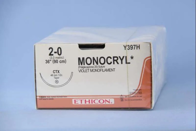 Ethicon Monocryl Absorbable Suture with Needle, Poliglecaprone, CTX 1/2 Circle Taper Point Needle, Size 2-0, Monofilament, Box of 36