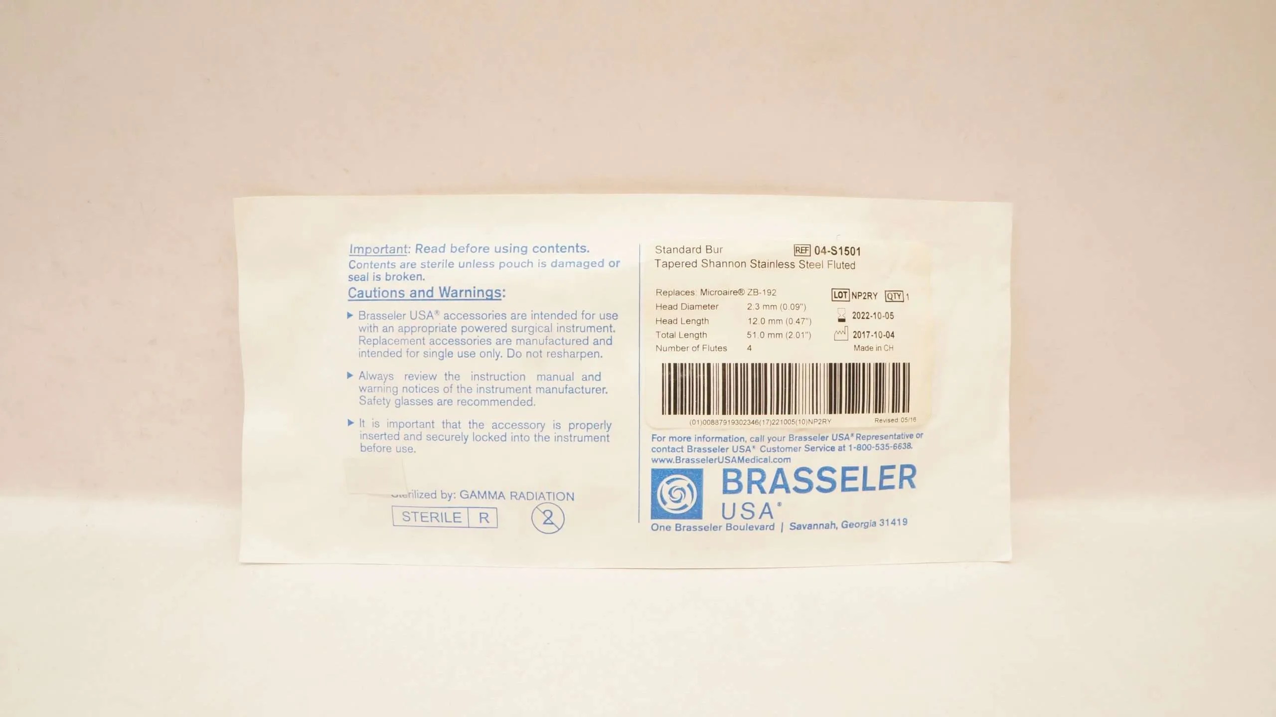 Brasseler Standard Bur, Tapered Shannon, Fluted, 0.09 x 0.47 x 2.01 in, Each