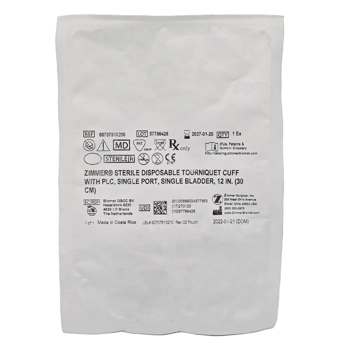 Zimmer Sterile Disposable Tourniquet Cuff with PLC, Single Port, Single Bladder, 12 in, Each
