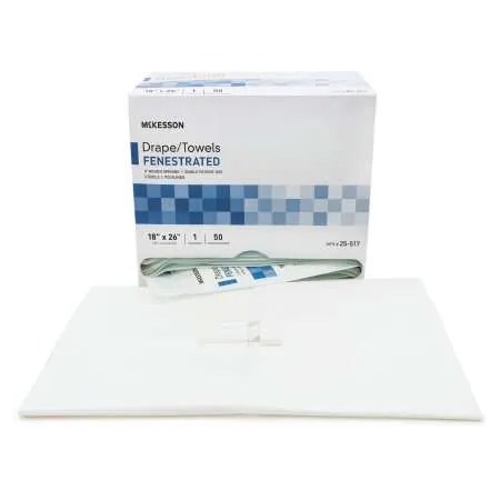 McKesson (25-517) FENESTRATED General Purpose Drape McKesson Poly Lined Towel Drape 18 W X 26 L Inch Sterile - BX50