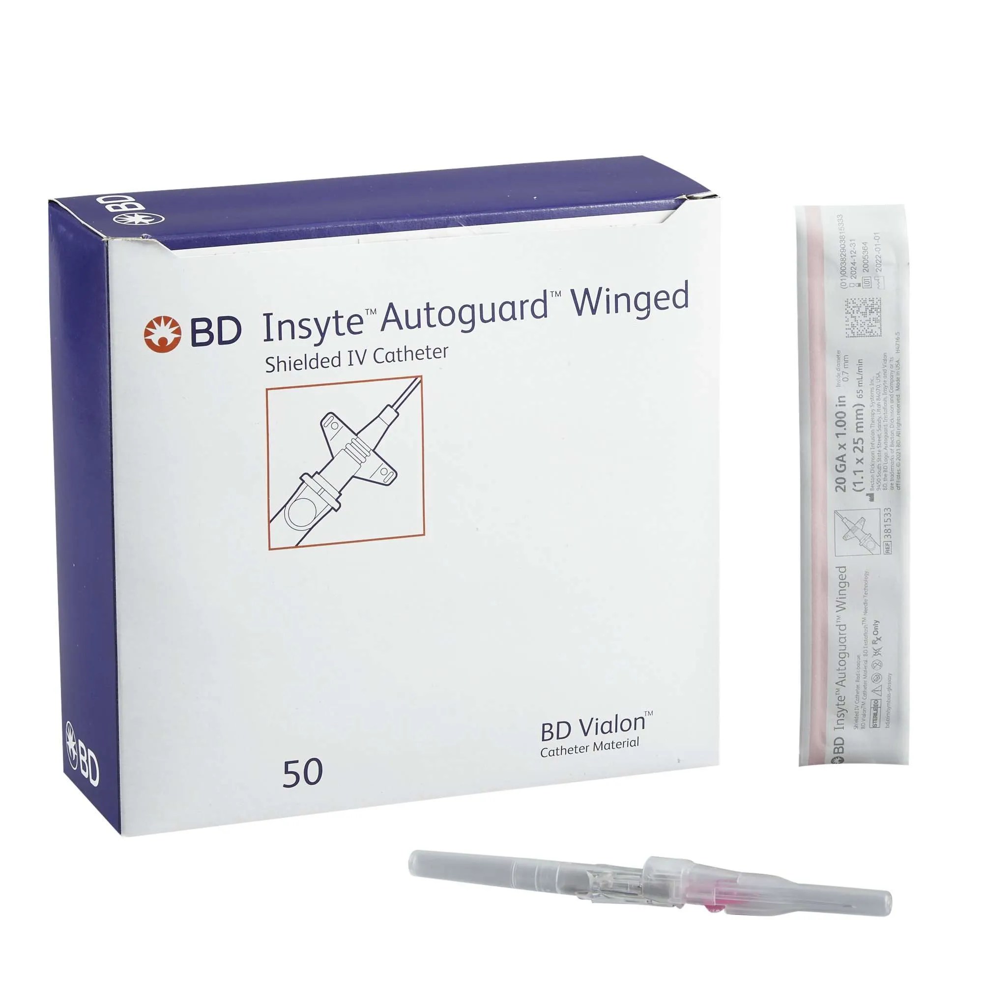 BD Insyte Autoguard Winged Shielded IV Catheter, 20 Ga x 1 in, 65 mL/min, 0.7 mm, Box of 50