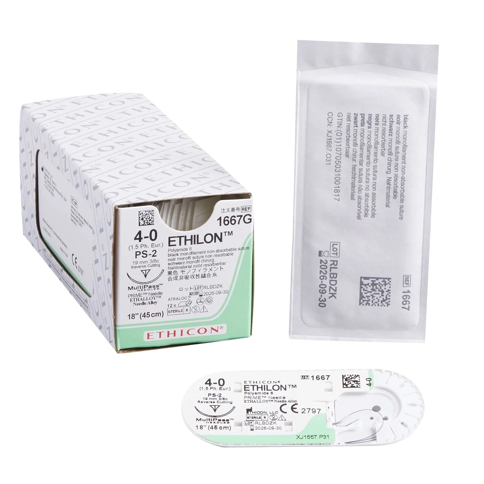 Ethicon Ethilon Suture, Black Monofilament, 5-0, 18 in, PS-2, 12/Box