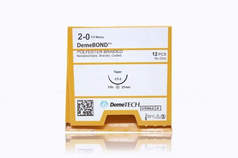 Demetech DemeBOND Suture, 2-0, Polyester, Green, 30 in, CT-2 Taper, Braided, Non-Absorbable, Box of 12