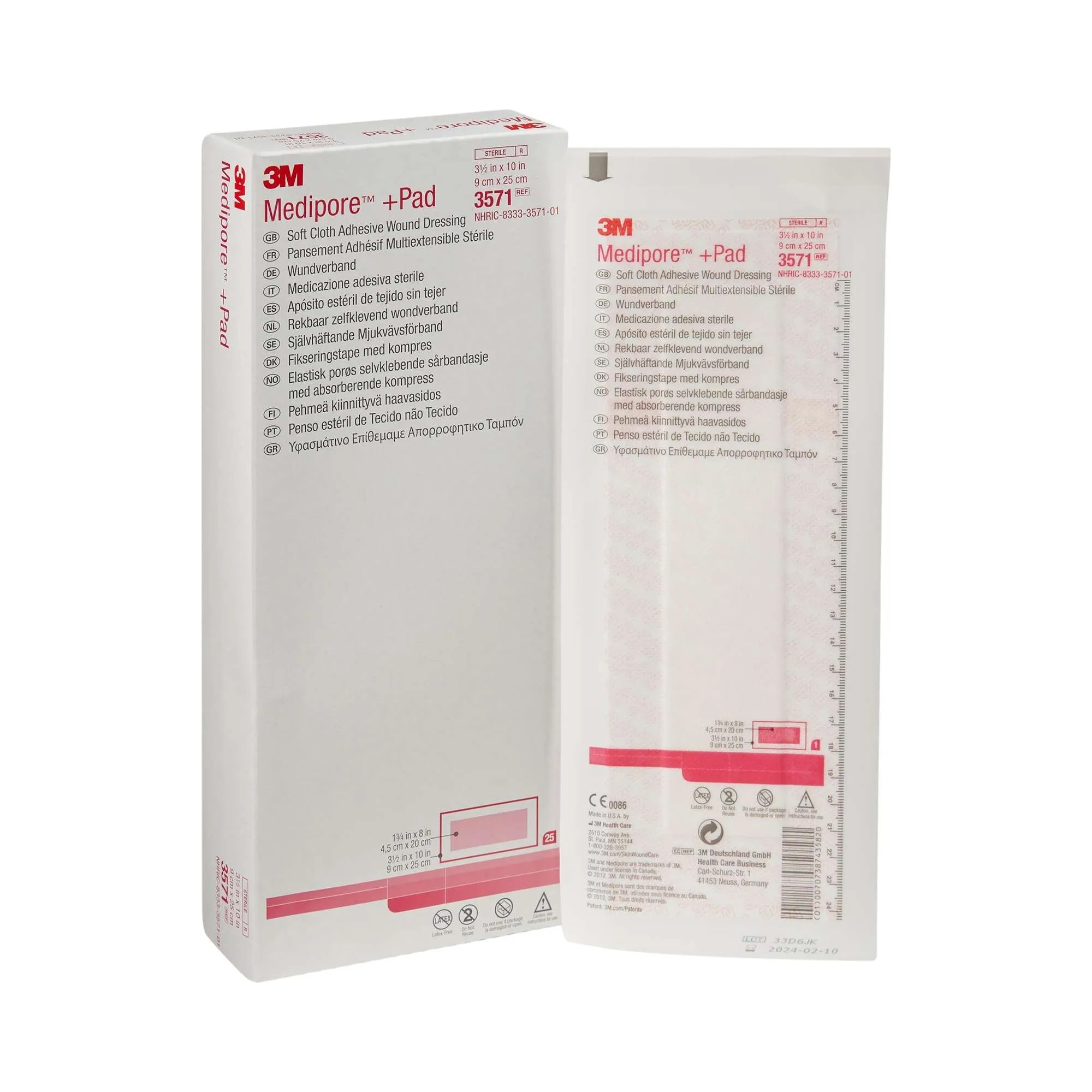3M Medipore Composite Dressing, 3 1/2 in x 10 in, Rectangle, Sterile, Nonwoven Backing, Box of 25